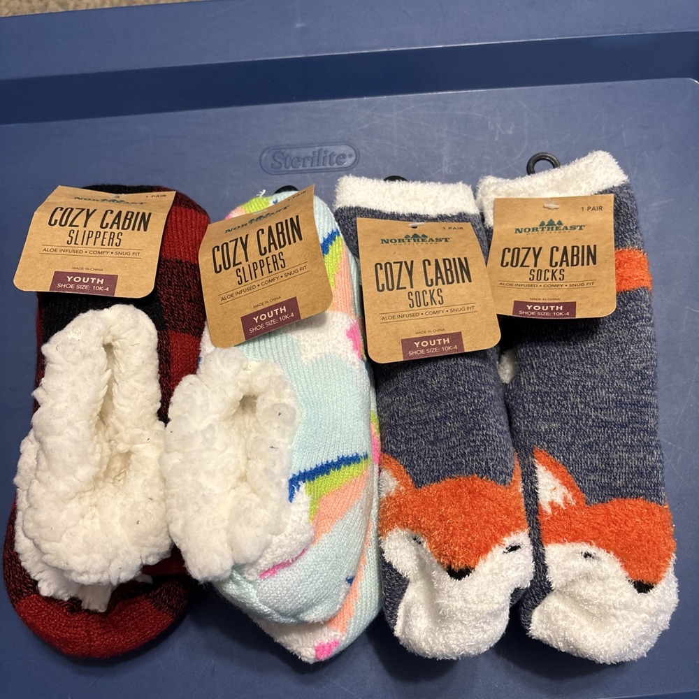 Northeast Outfitters Youth Cozy Cabin Slipper Socks Lot 4 Pairs Fox Plaid 10K-4